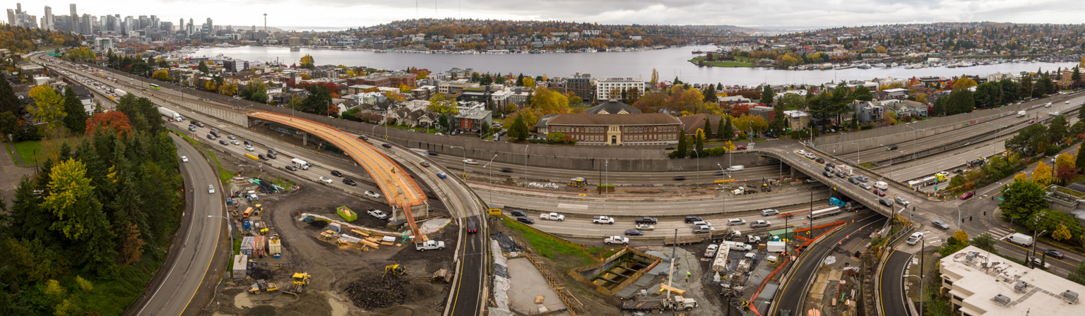 Aerial view of I-5 and SR 520 construction